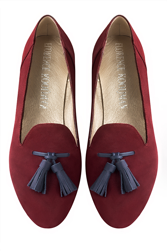 Burgundy red and navy blue women's loafers with pompons. Round toe. Flat block heels. Top view - Florence KOOIJMAN